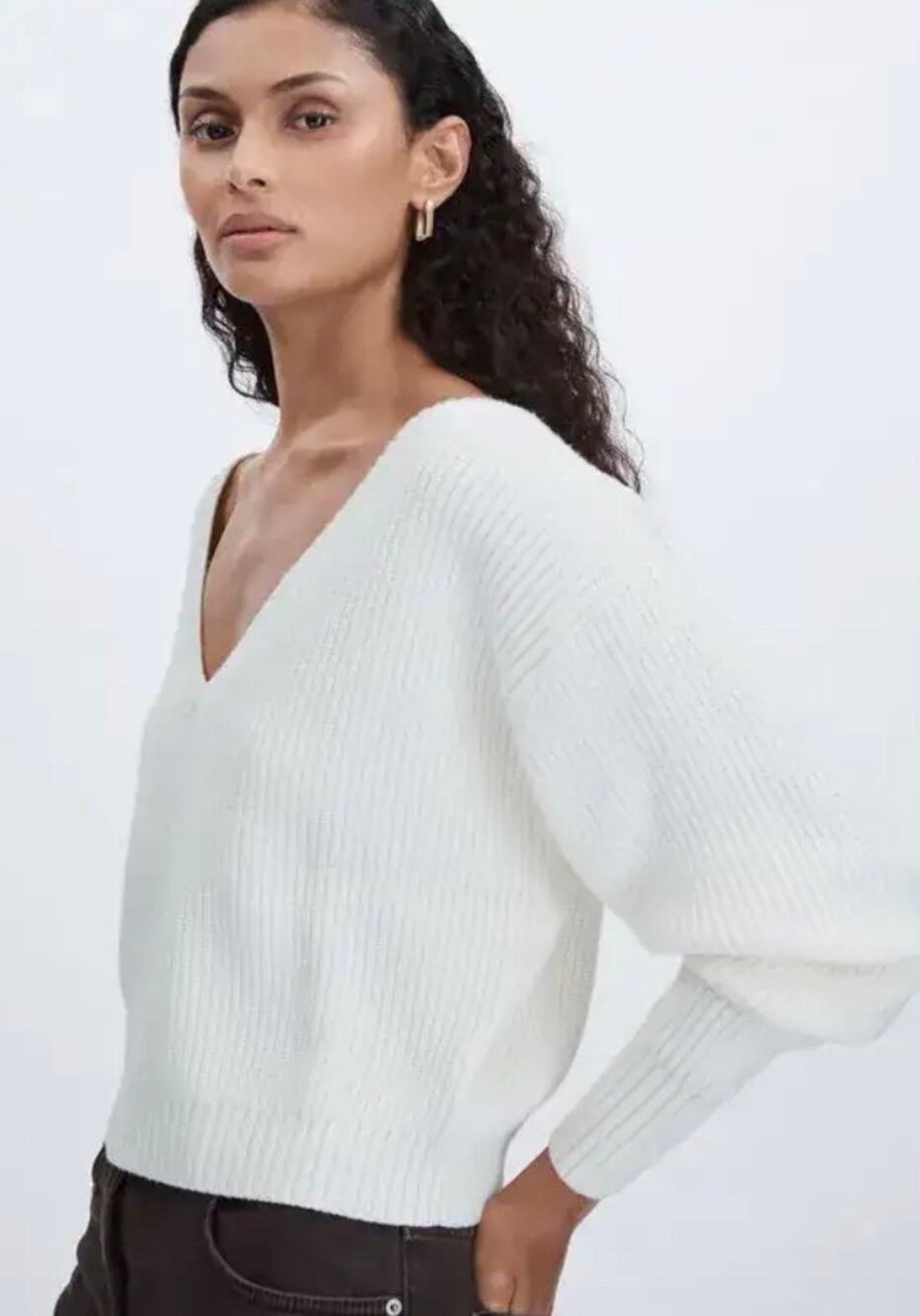 Good American Ribbed V-neck Cream Sweater Cropped Women's 2x New